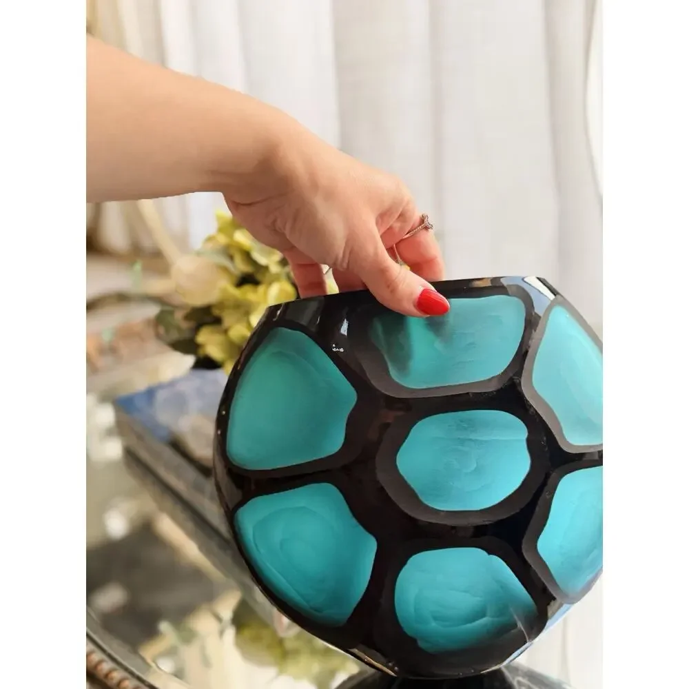 Vintage Murano Battuto Eclectic Glass Vase Turquoise Black Italian Art Glass
